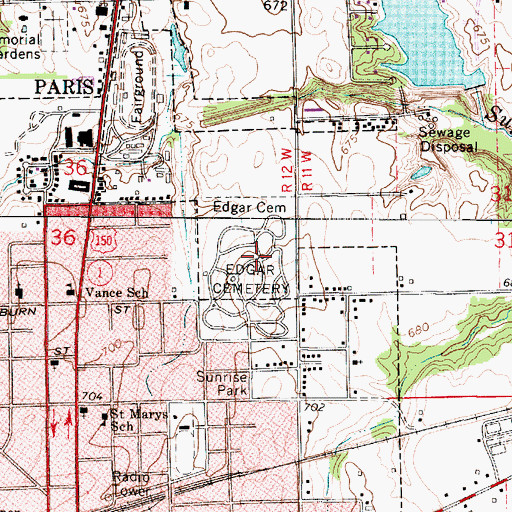 Topographic Map of Edgar Cemetery, IL