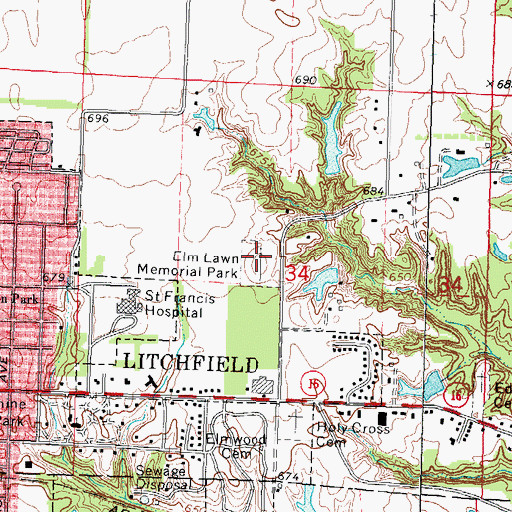 Topographic Map of Elm Lawn Memorial Park, IL