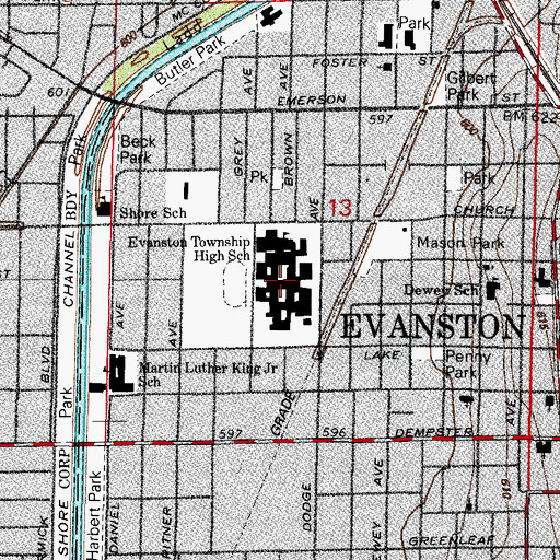 Topographic Map of Evanston Township High School, IL