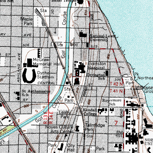 Topographic Map of Evanston Hospital, IL