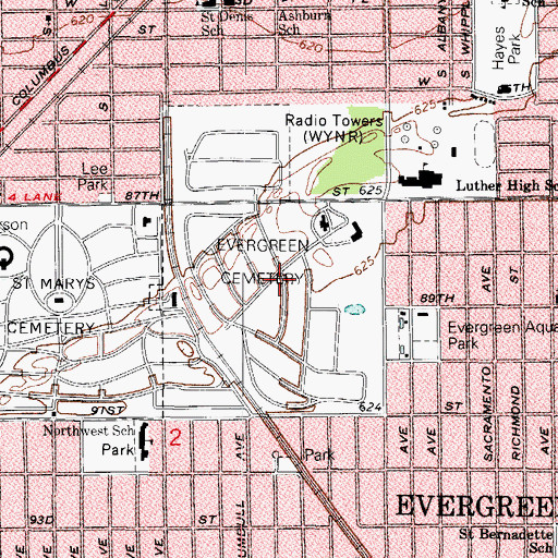 Topographic Map of Evergreen Cemetery, IL