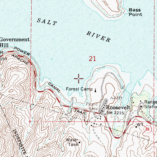 Topographic Map of Roosevelt Marina, AZ
