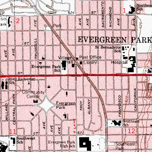 Topographic Map of Evergreen Park, IL