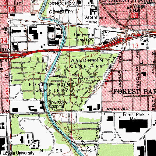 Topographic Map of Forest Home Cemetery, IL
