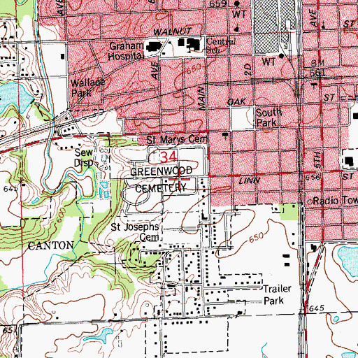Topographic Map of Greenwood Cemetery, IL