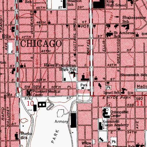 Topographic Map of Hales Franciscan High School, IL
