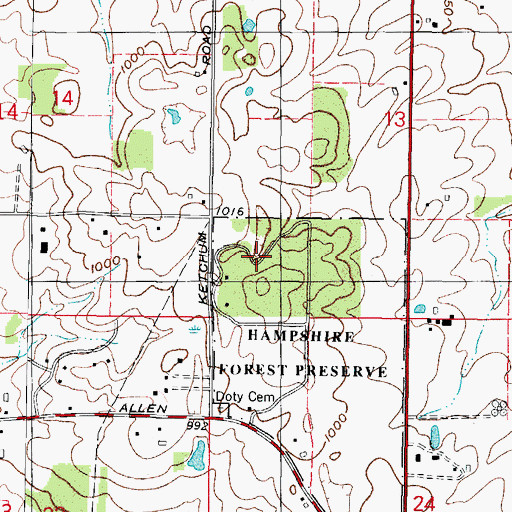 Topographic Map of Hampshire Forest Preserve, IL