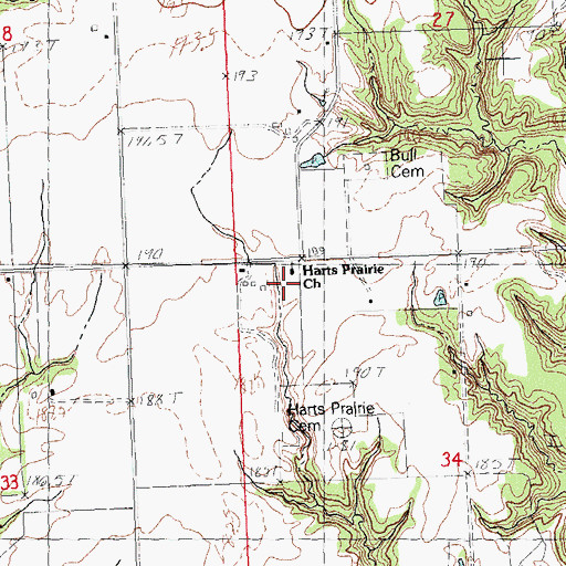 Topographic Map of Harts Prairie Church, IL