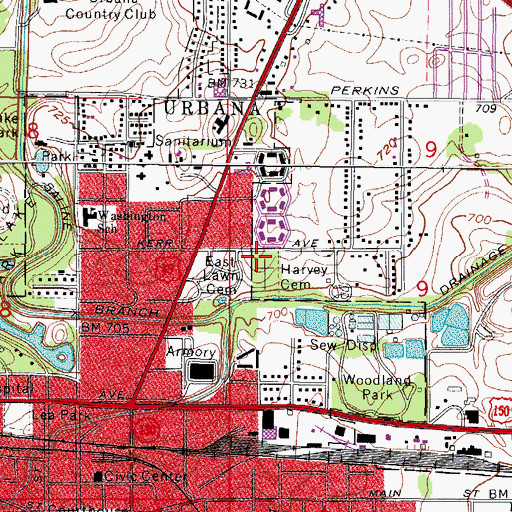 Topographic Map of Harvey Cemetery, IL
