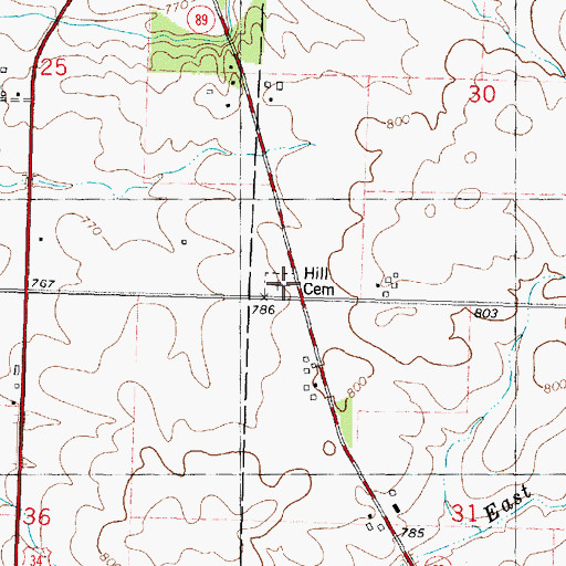 Topographic Map of Hill Cemetery, IL