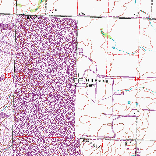Topographic Map of Hill Prairie Cemetery, IL