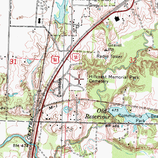 Topographic Map of Hillcrest Cemetery, IL