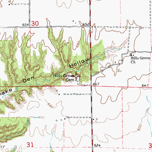 Topographic Map of Hills Grove Cemetery, IL