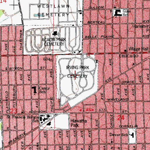 Topographic Map of Irving Park Cemetery, IL