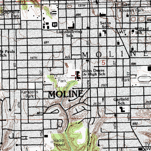 Topographic Map of John Deere Middle School, IL