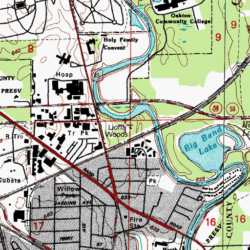 Topographic Map of Lions Woods, IL