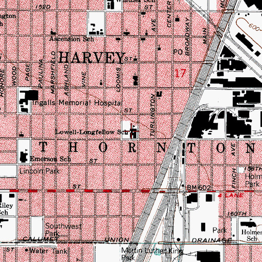 Topographic Map of Lowell-Longfellow School, IL