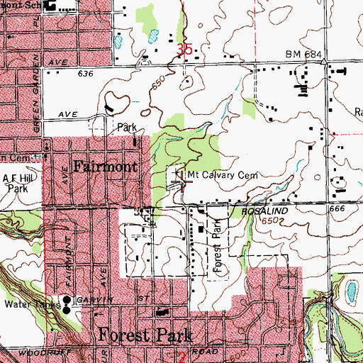 Topographic Map of Mount Calvary Cemetery, IL
