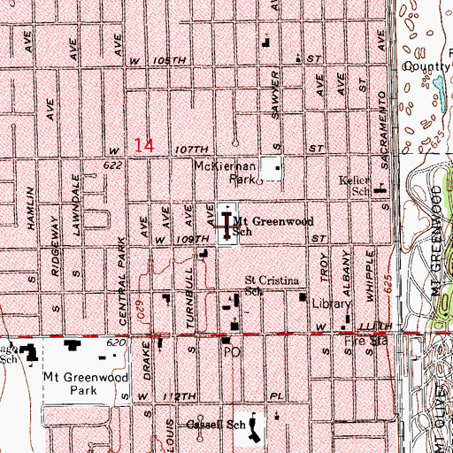 Topographic Map of Mount Greenwood Elementary School, IL