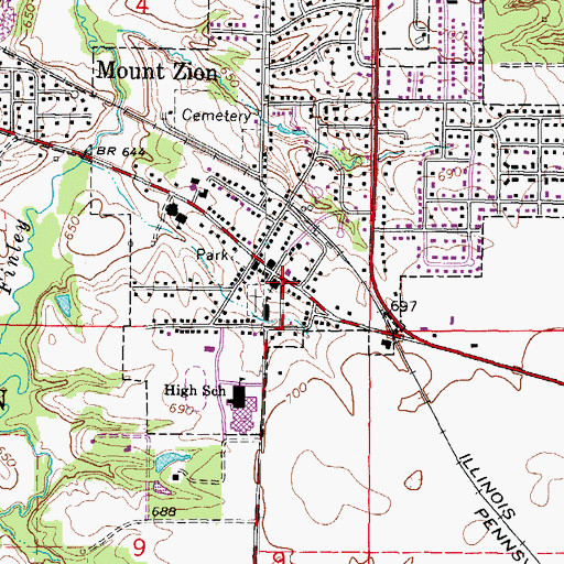 Topographic Map of Mount Zion, IL