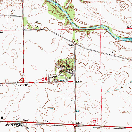 Topographic Map of Oak Hill Cemetery, IL