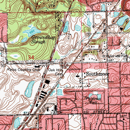 Topographic Map of Oak Hill Cemetery, IL