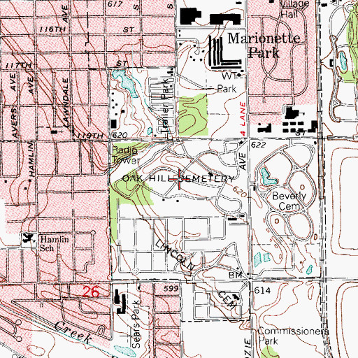 Topographic Map of Oak Hill Cemetery, IL