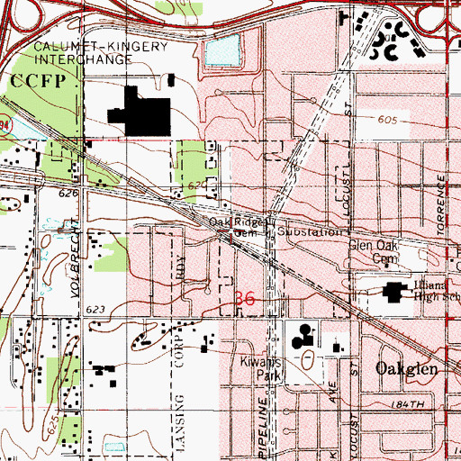 Topographic Map of Oak Ridge Cemetery, IL