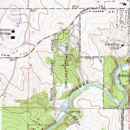 Topographic Map of Oakland Freeport Cemetery, IL