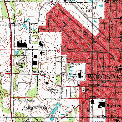 Topographic Map of Oakland Cemetery, IL