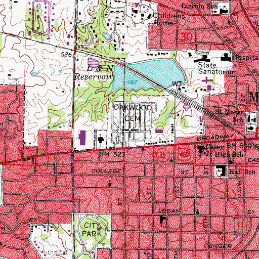 Topographic Map of Oakwood Cemetery, IL