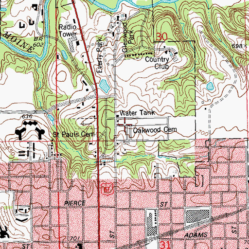 Topographic Map of Oakwood Cemetery, IL