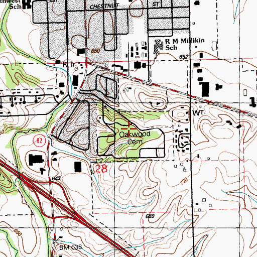 Topographic Map of Oakwood Cemetery, IL