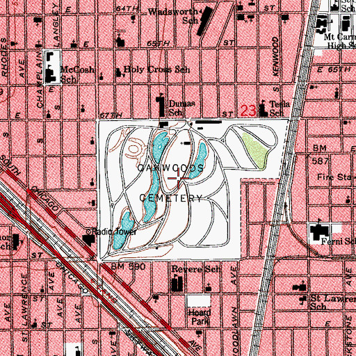 Topographic Map of Oak Woods Cemetery, IL
