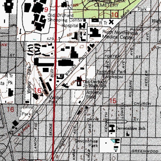 Topographic Map of Old Orchard Junior High School, IL