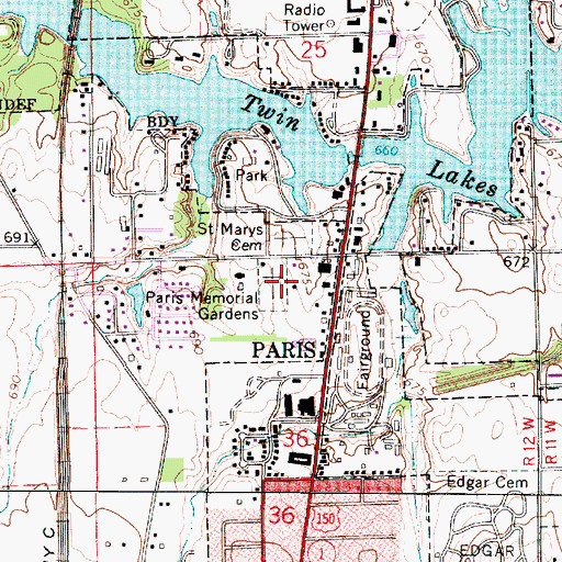 Topographic Map of Paris Memorial Gardens, IL
