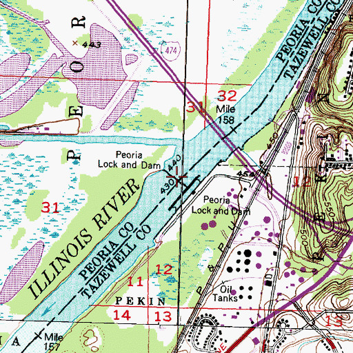 Topographic Map of Peoria Lock and Dam, IL