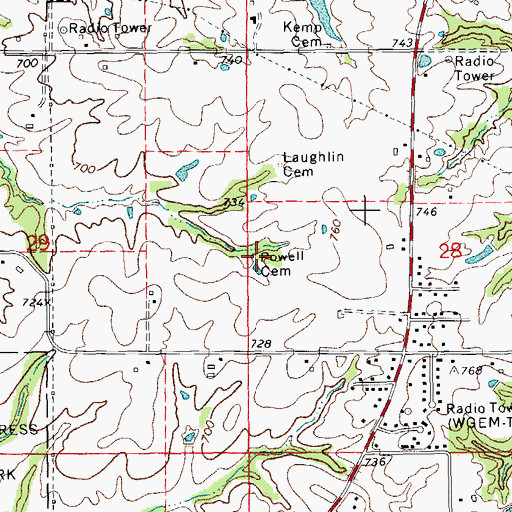 Topographic Map of Powell Cemetery, IL