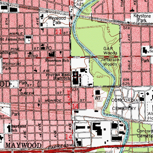 Topographic Map of Proviso East High School, IL