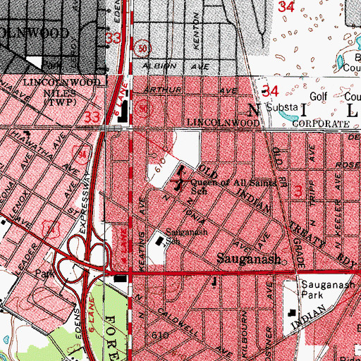 Topographic Map of Queen of All Saints Elementary School, IL