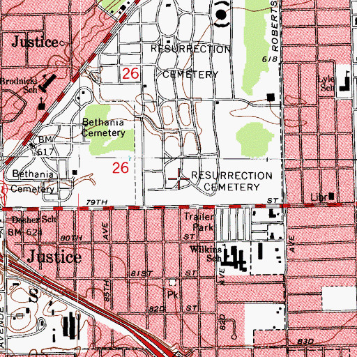 Topographic Map of Resurrection Catholic Cemetery and Mausoleums, IL