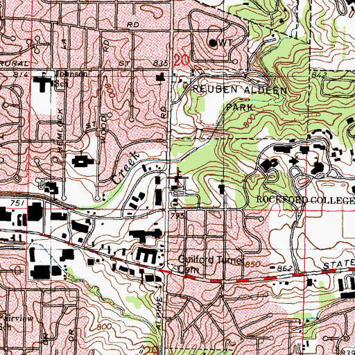 Topographic Map of Rockford College, IL