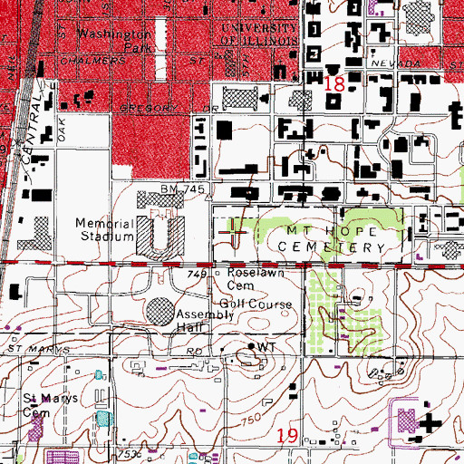Topographic Map of Roselawn Cemetery, IL