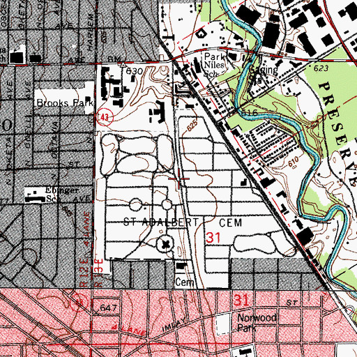 Topographic Map of Saint Adalbert Catholic Cemetery and Mausoleums, IL