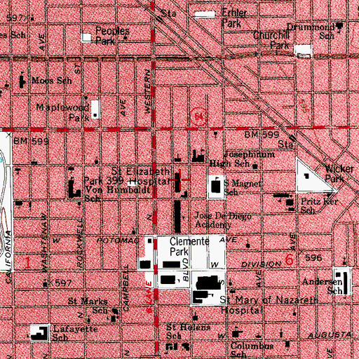 Topographic Map of Presence Saints Mary and Elizabeth Medical Center - Saint Elizabeth Campus, IL