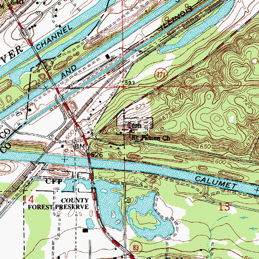 Topographic Map of Saint James at Sag Bridge Catholic Church, IL