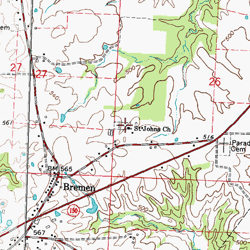 Topographic Map of Saint Johns Church, IL