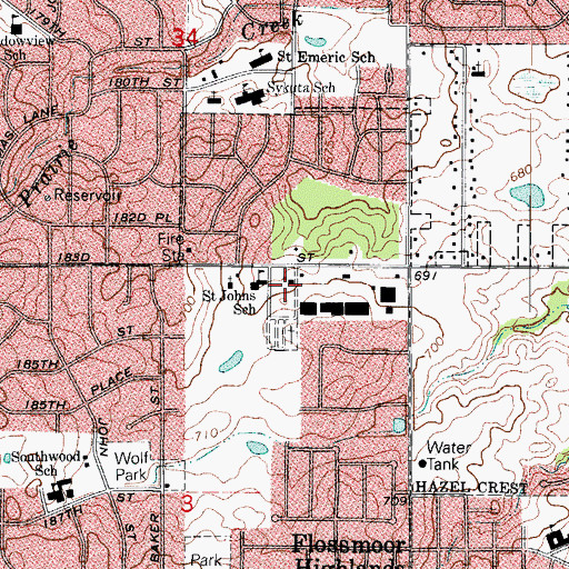 Topographic Map of Saint Johns School, IL