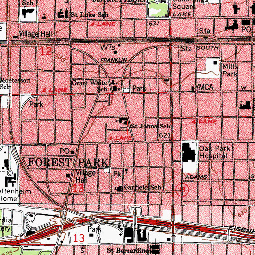 Topographic Map of Saint Johns School, IL