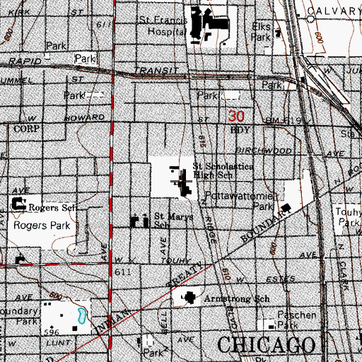 Topographic Map of Saint Scholastica High School, IL